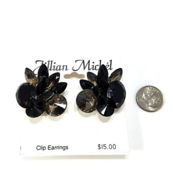 Vintage Black Silver Rhinestone Clip on Earrings, Old Stock, NWT, 1 1/2 Inches - Picture 3 of 3